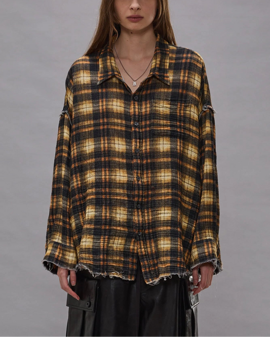 Shredded Seam Drop Neck Shirt Brown Plaid