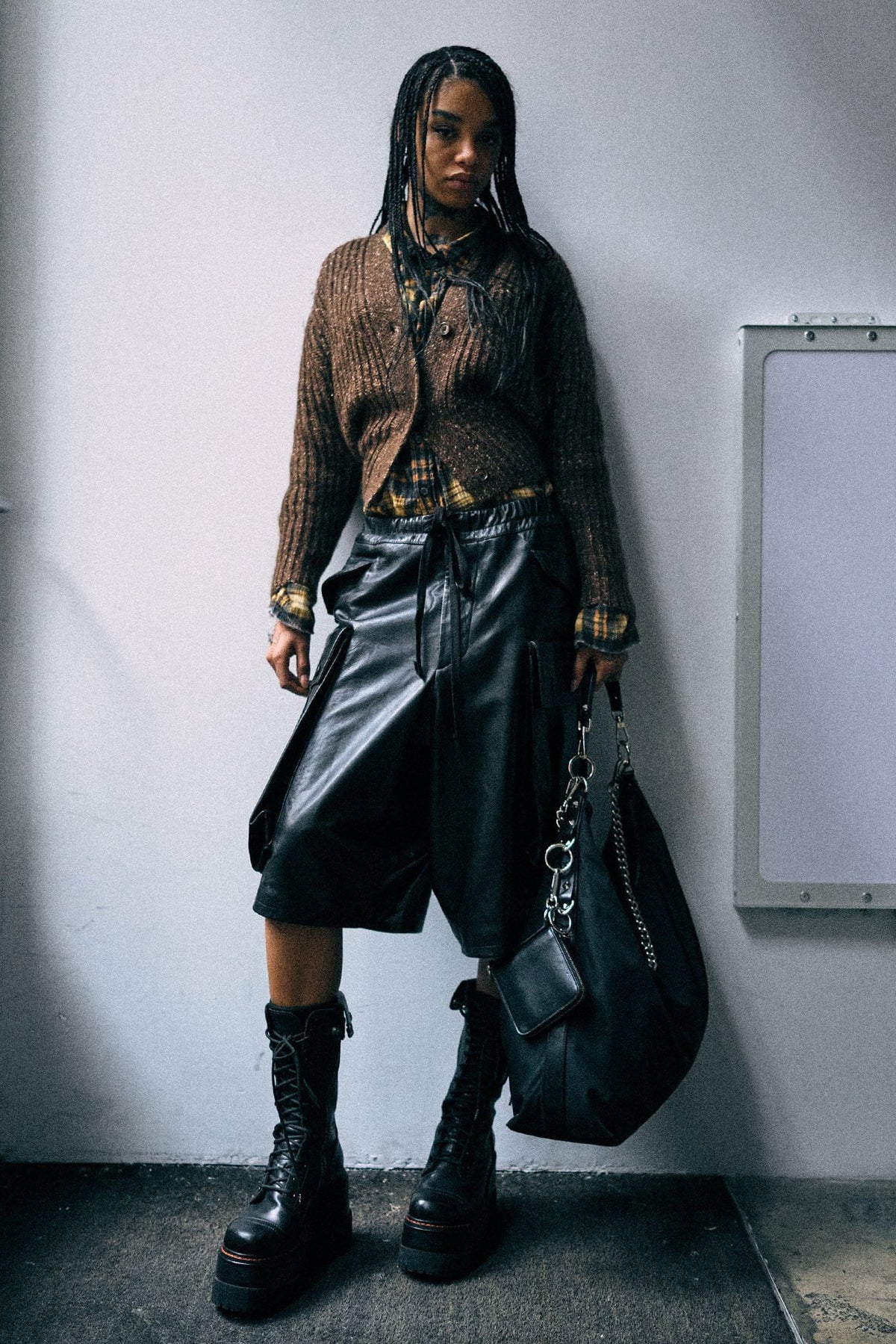 Shredded Seam Drop Neck Shirt Brown Plaid