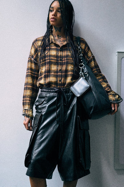 Shredded Seam Drop Neck Shirt Brown Plaid