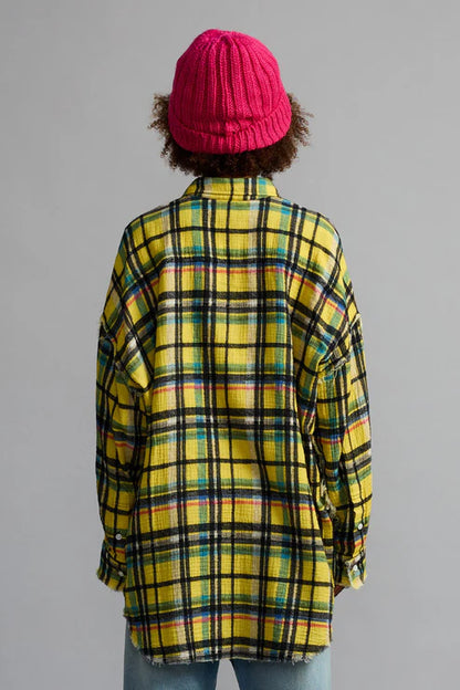 Shredded Seam Drop Neck Shirt Yellow Plaid