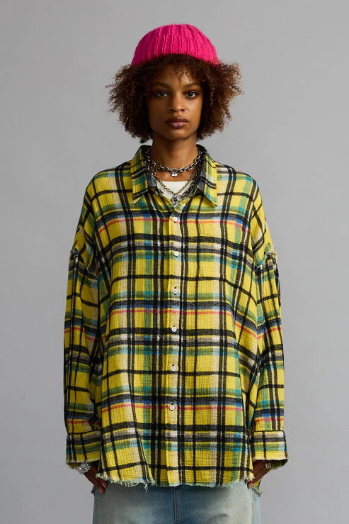Shredded Seam Drop Neck Shirt Yellow Plaid