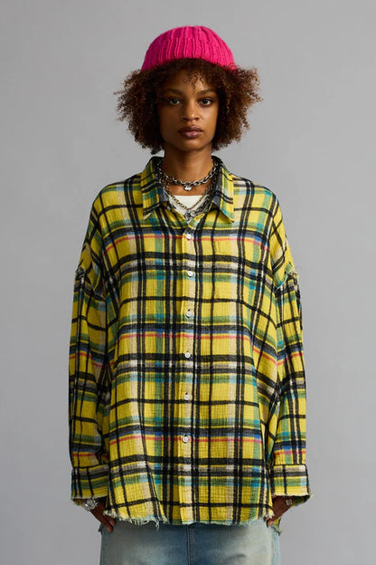Shredded Seam Drop Neck Shirt Yellow Plaid