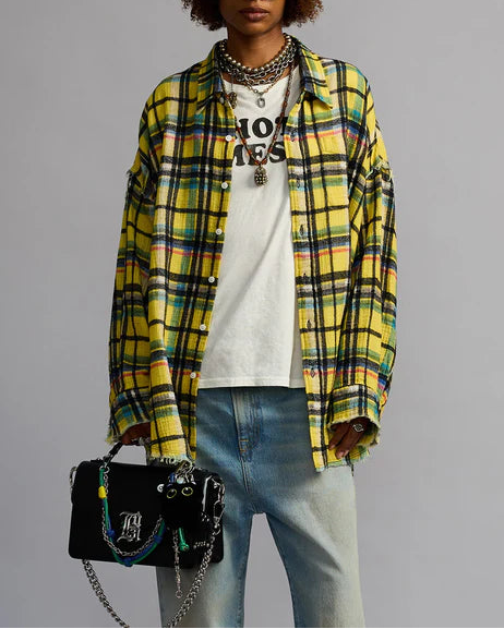 Shredded Seam Drop Neck Shirt Yellow Plaid
