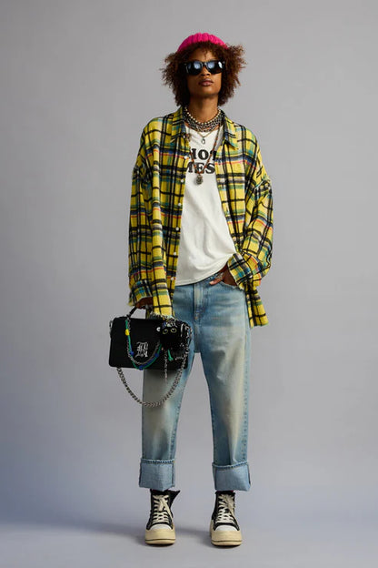 Shredded Seam Drop Neck Shirt Yellow Plaid