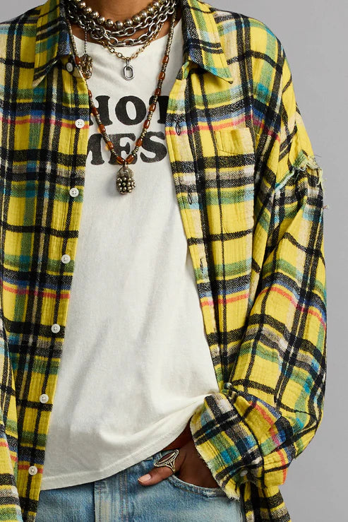 Shredded Seam Drop Neck Shirt Yellow Plaid
