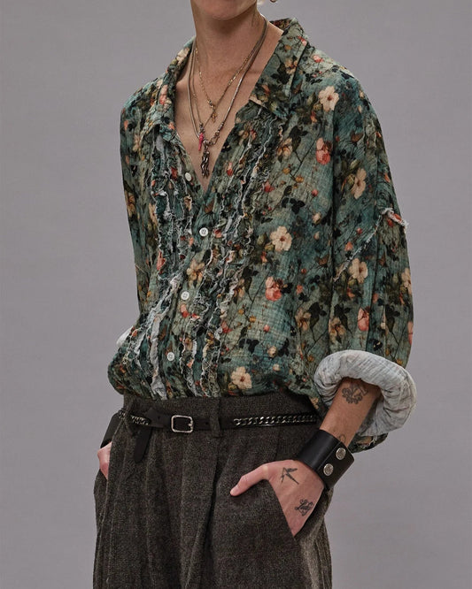 Shredded Seam Ruffle Shirt Turquoise Floral