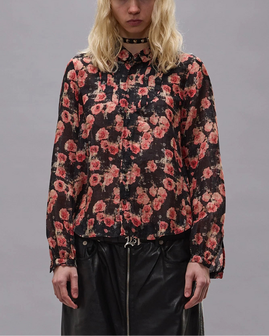Shrunken Blouse with Pleated Tuxedo Front Roses on Black