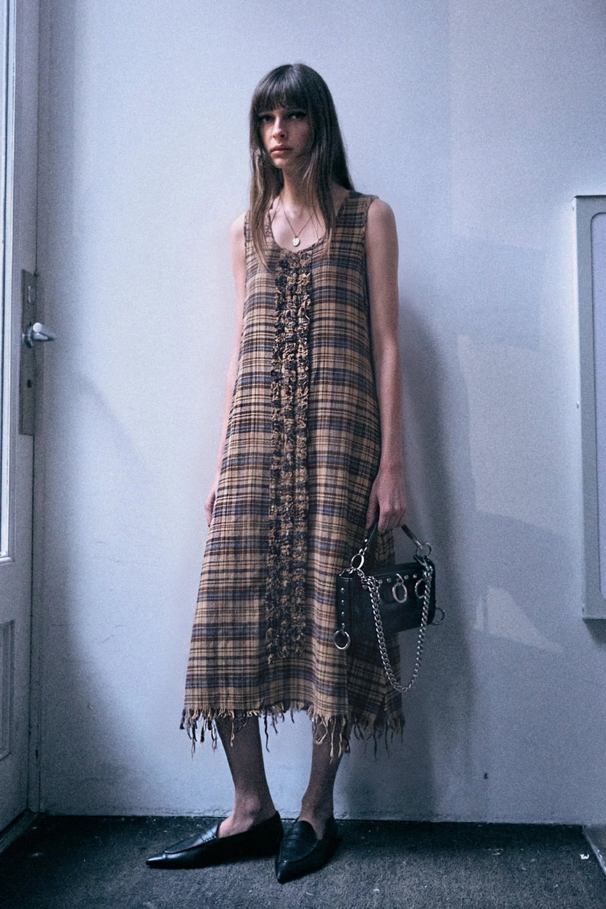 Sleeveless Midi With Ruffles Light Blue Yellow Plaid