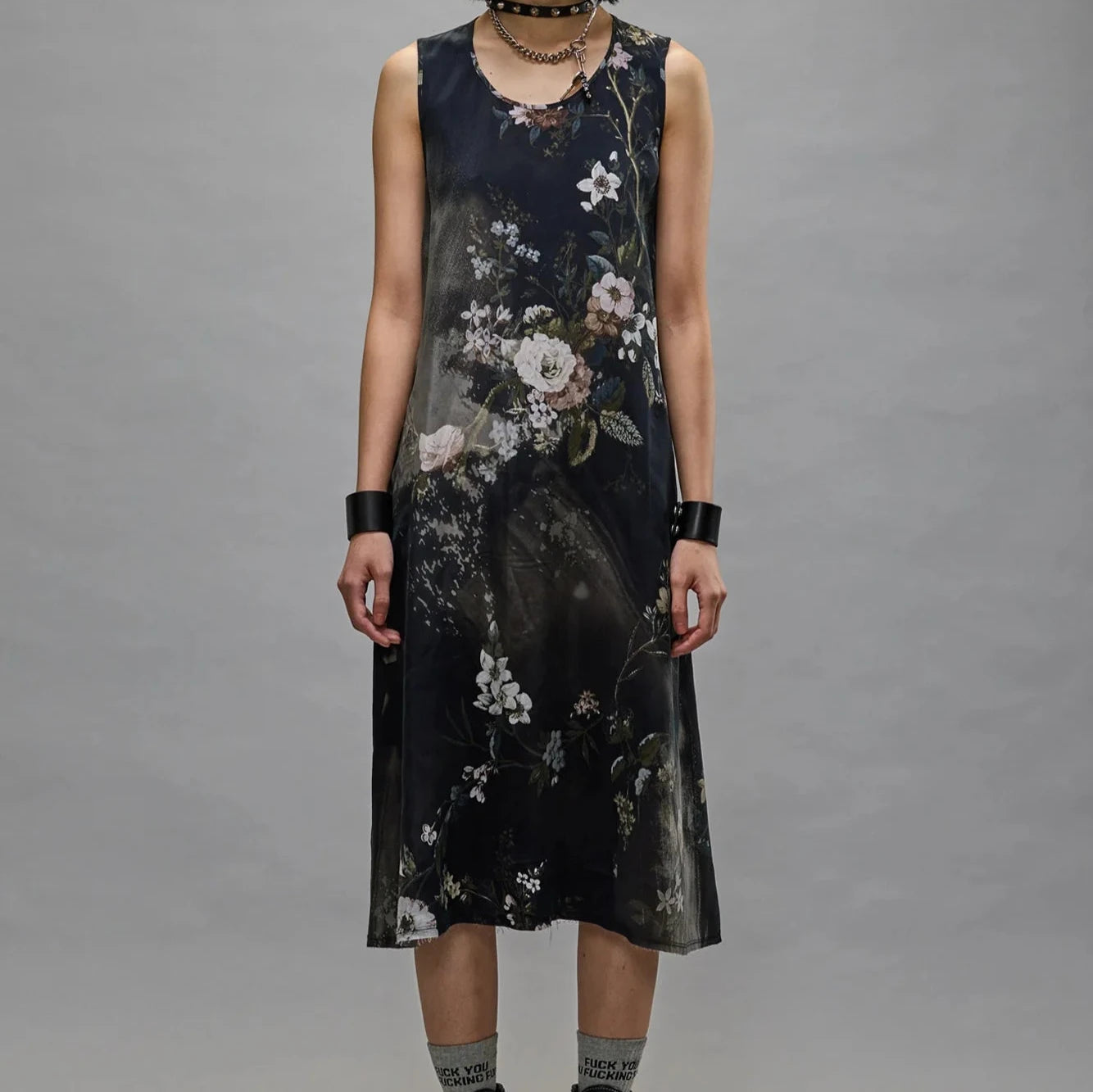 Bleached Black Floral Sleeveless Midi