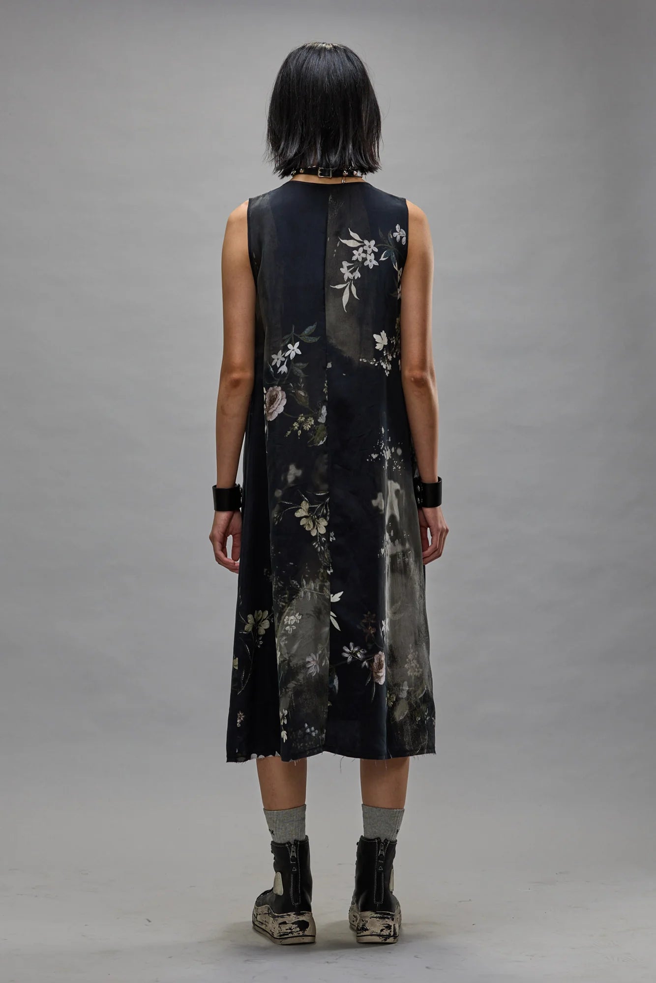 Bleached Black Floral Sleeveless Midi