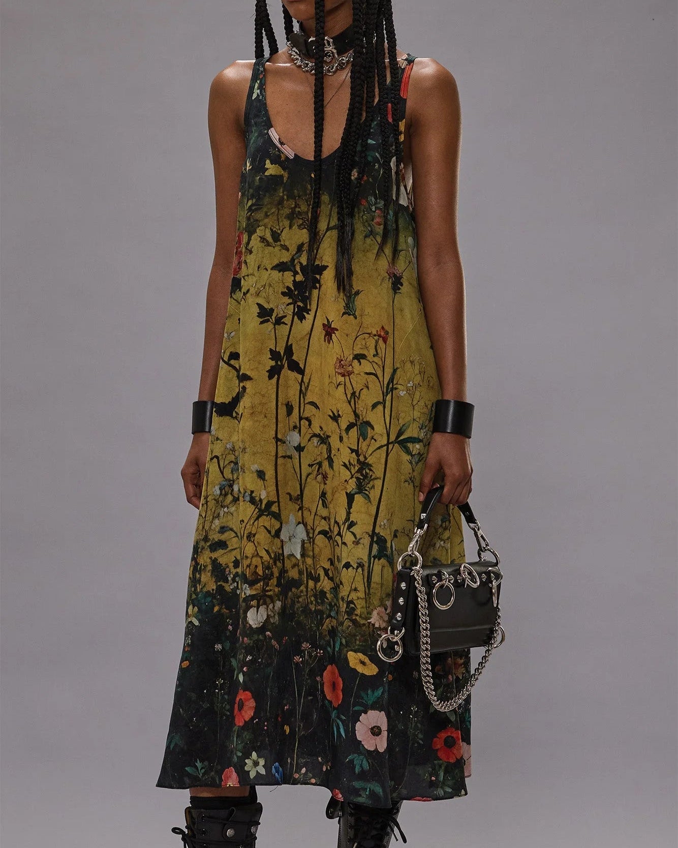 Tank Dress Dipped Black Khaki Floral