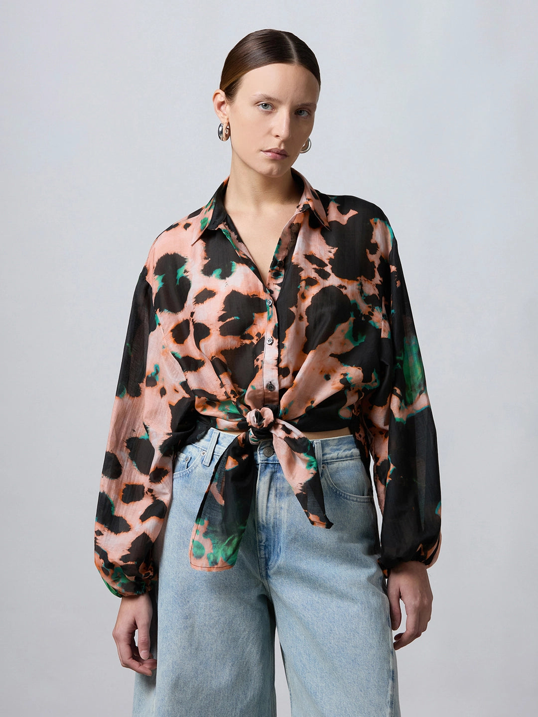 Tie-Waist Printed Shirt Rust