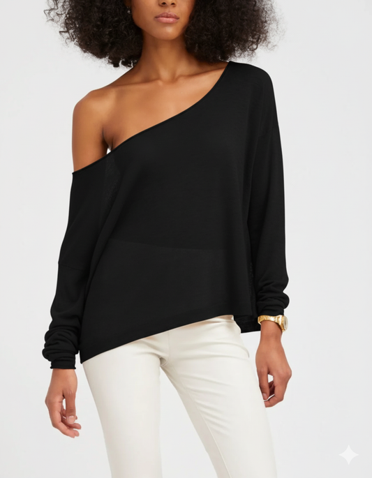 Black Tissue Cashmere Off-Shoulder Top