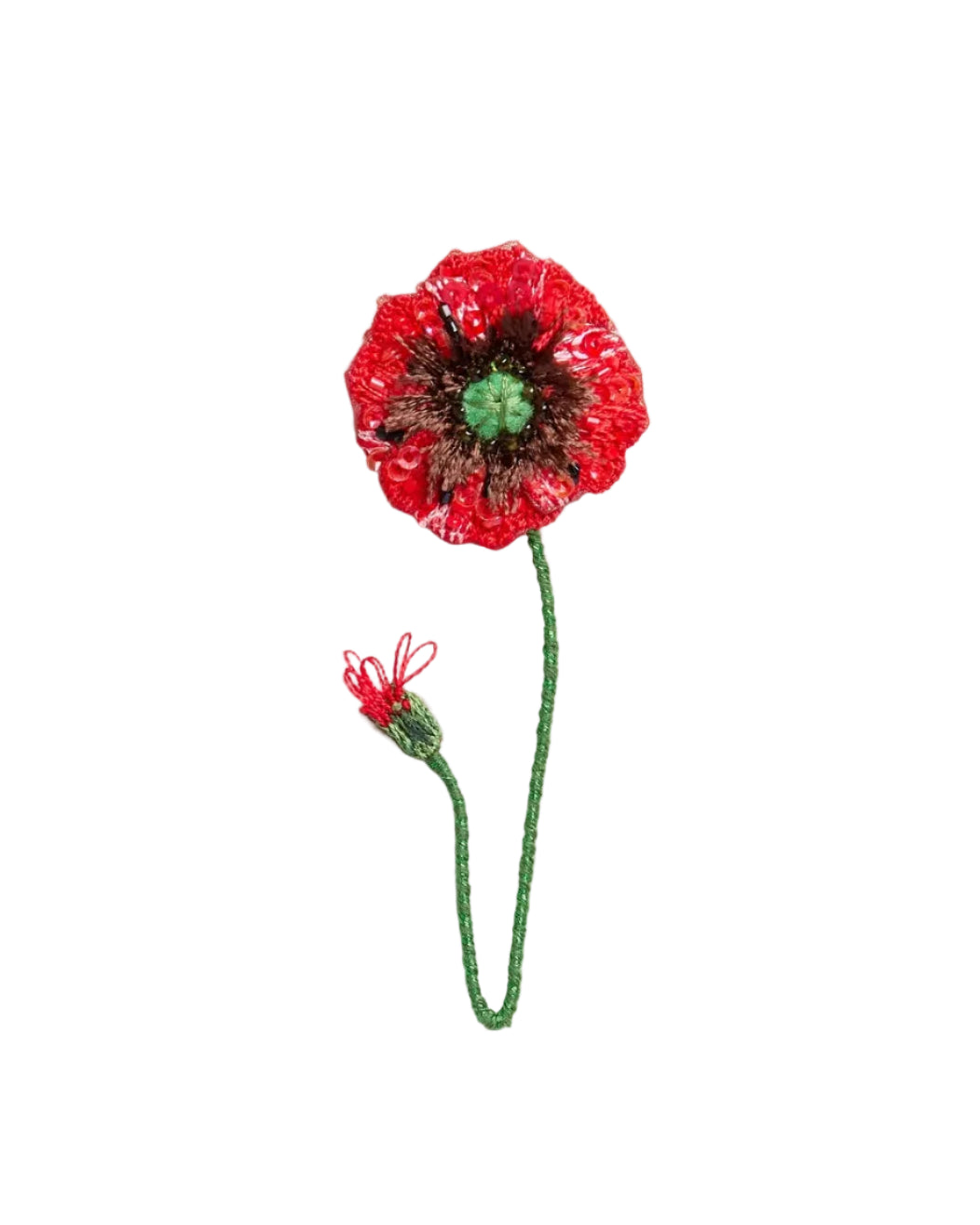 A handmade red poppy flower brooch with a textured red petals, dark brown center, green stem, and a small red bud, shown on a plain light gray background.