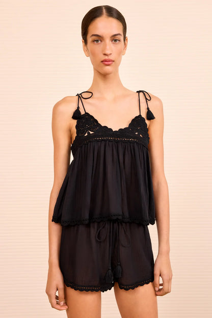 Bermuda Coverup Top with Crochet Detail Noir