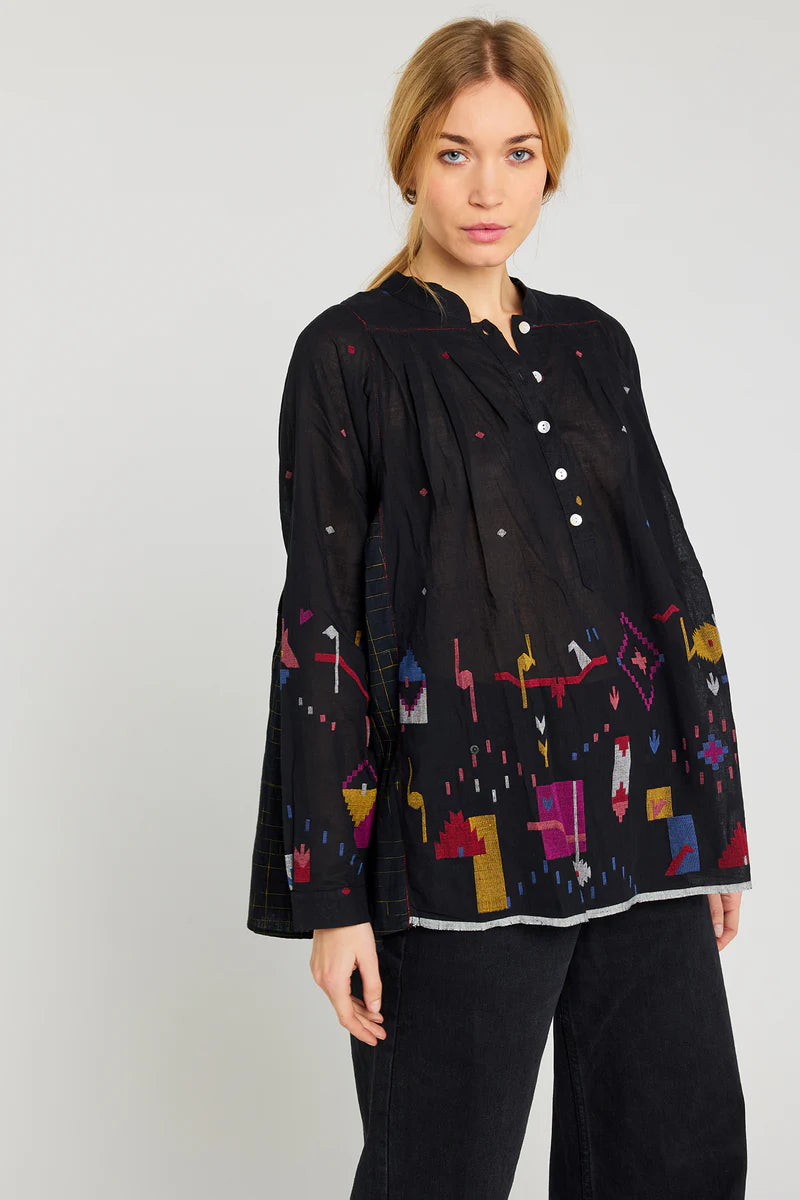 Black Ikat Cheer Print Blouse