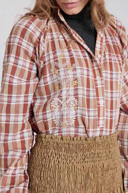 Surprise Embroidered Brown Tartan Blouse