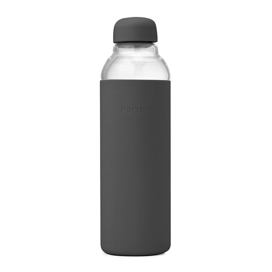 A matte gray Porter water bottle with a silicone cover, branded with 'W&P' on the front, and a visible logo on the upper left.