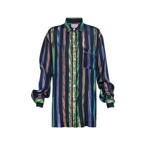 Elevate informal style with glistening striped pyjama shirt. Soft silk and viscose blend with lurex strands for a chic, loose fit.