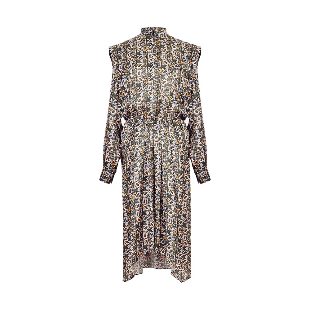 Elevate your style with Isabel Marant 's Lokeya midi dress. Alluring print, long sleeves, and comfortable 65% viscose, 35% silk blend.