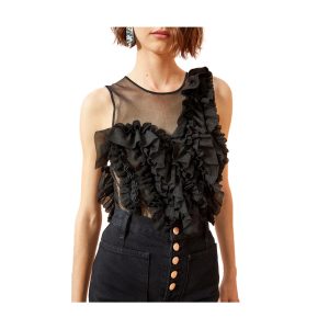 Explore Ulla Johnson's Winnifred Top in translucent frills knit, showcasing a strategically placed explosion of fluttering frills for a unique look.