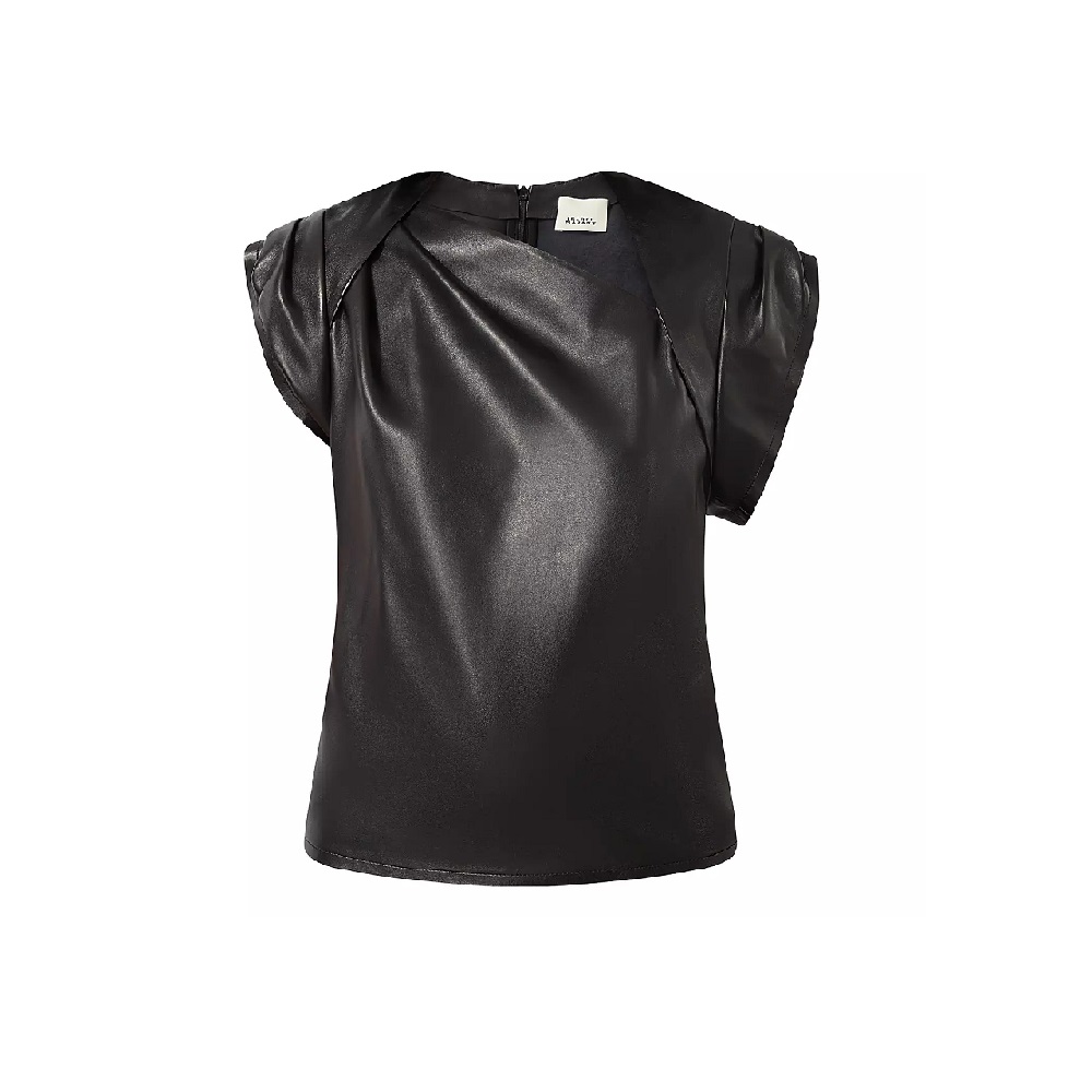 Luxurious Ebara leather top by Isabel Marant with ruched sleeves and unique asymmetric neckline. Pair with matching leather trousers for style.