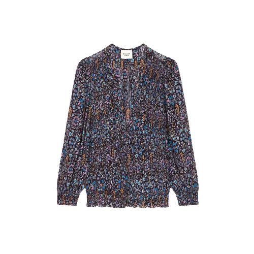 Isabel Marant's Nibel Top: Printed, V-neck, long sleeves, and 100% viscose for comfort and luxury—a versatile, chic wardrobe essential.