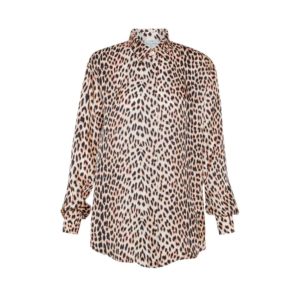 Forte Forte's The Twilight Leopard satin shirt flaunts chic leopard print, blending boldness and sophistication with a luxurious, effortless allure.